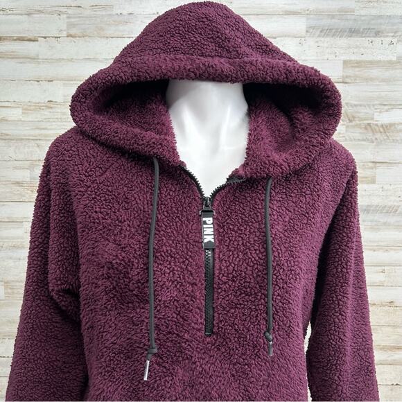 Victorias Secret Pink Teddy Fleece Jacket Womens Size XS Burgundy Quarter Zip - Picture 4 of 16